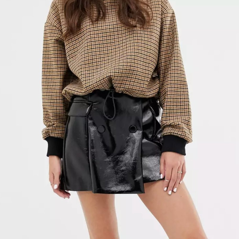 Bershka patent vinyl button skirt